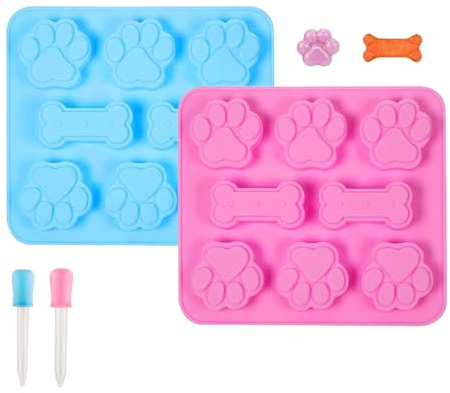 Set med 2 st silikonformar för hundkakor, tassar och ben med 2 pipetter, perfekt för hemlagade mejeri, choklad och glass