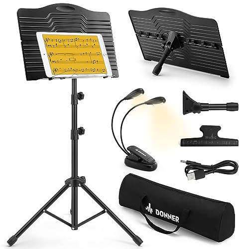 Donner Sheet Music Stand Foldable Travel Metal Stand Adjustable DMS-1 with Carrying Bag, Rotating Chargeable Music Light and Clip Holder, Portable Projector Stand, Laptop Stand, Music Folder