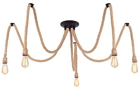 DIY Retro Hanfseil Industrie Kronleuchter,Industriestil Hängeleuchte Pendelleuchte für Küche Wohnzimmer Restaurant,Bar,Lager,Bauernhof,Halle,Pendelleuchten Leuchte nicht enthalten Glühbirne (5 Köpfe)