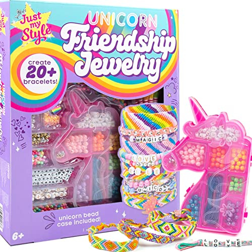 Just My Style Unicorn vänskapsarmband av Horizon Group USA, gör-det-själv över 20 smycken. Satsen innehåller 1 300 + pärlor, 10 nyanser av vänskapstråd, armband berlocker, enhörningsförvaringsfodral