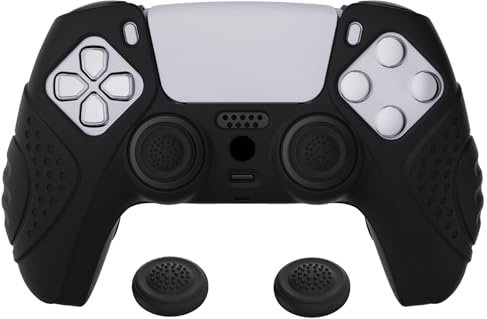 eXtremeRate PlayVital Guardian Edition Black Ergonomic Soft Anti-slip Controller Silicone Case Cover for ps5, Rubber Protector Skins with Black Joystick Caps for ps5 Controller
