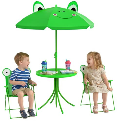Outsunny Set de Mesa y Sillas Infantil de Jardín Conjunto de Picnic Plegable para Niños Juego de Mesa con Sombrilla Ajustable en Altura de 100-125 cm Diseño de Rana Verde