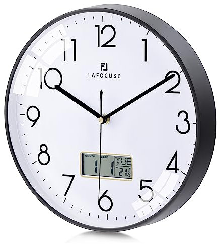 Lafocuse 12 Inch Silent Black Wall Clock with Date and Day, Temperature, Day of Week, Kitchen Wall Clocks for Living Room Modern, LCD Digital Wall Clock Battery Operated Office Bedroom
