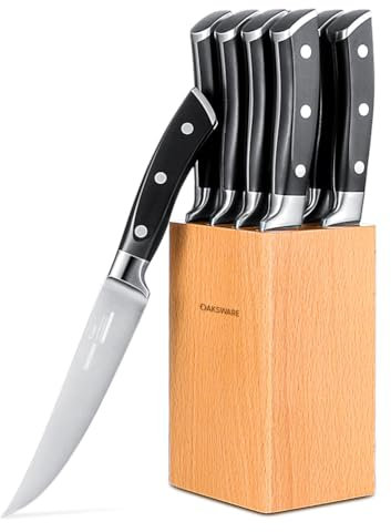 OAKSWARE Steakmesser Set 8-teilig, Nicht gezackte Küchen Steak Messer Set mit Block, Scharfe Pizzamesser und Ergonomischem Griff, Premium-Deutscher Stahl