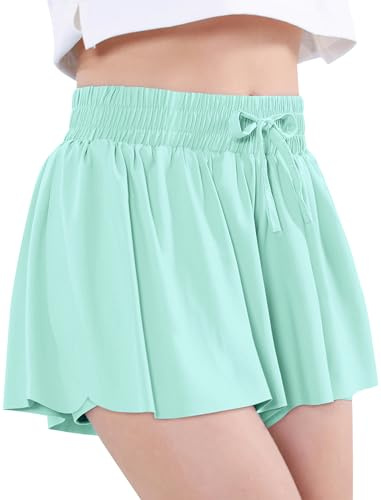 EXARUS Gonna a skorts con farfalle per ragazze, atletica, danza, scorrevole, per cheerleader, skorts per adolescenti, vestiti per preadolescenti, outfit preppy per bambini, 6-14 anni, A-verde, 12 anni