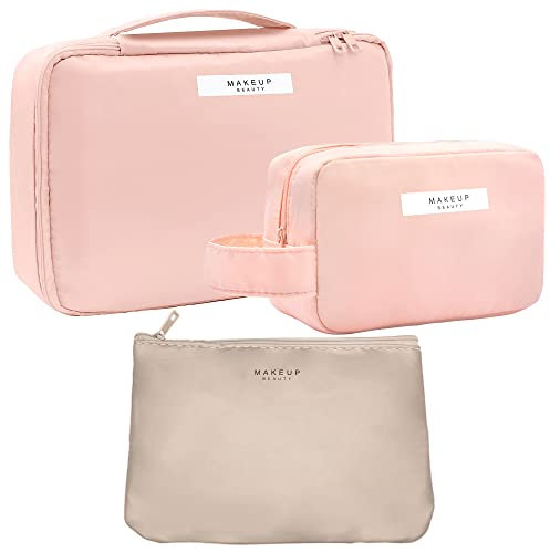 LEcylankEr 3 Pièces Trousse de Maquillage de Voyage, Trousse de Toilette Portable, Sacs à Cosmétiques en PU, Sac de Rangement de Cosmetic Bag pour Cosmétiques et Articles de Toilette (Rose)