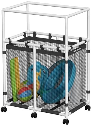 POOL FELLOWS Bac de rangement de piscine, 397 litres, support pour frites de piscine, jouets, flotteurs, serviettes, organiseur en maille pour équipements de natation, style Basic Pro