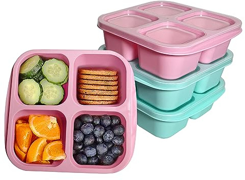 MEEYUU Confezione da 4 contenitori per snack, 4 scomparti, riutilizzabili, per la preparazione dei pasti, per bambini e adulti, contenitori divisi per alimenti, per scuola, lavoro, viaggi (2 rosa e 2