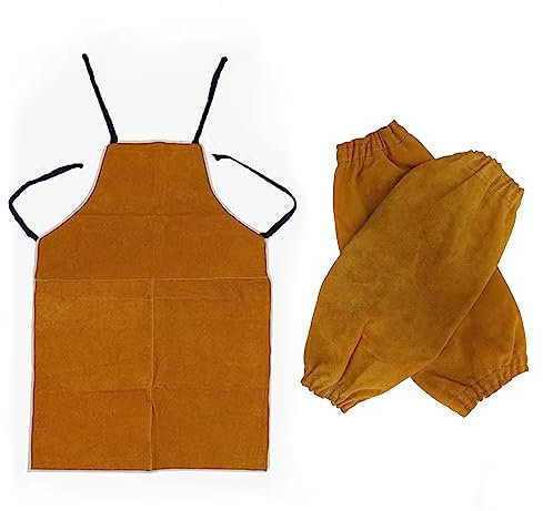 Longzhuo Leather Welding Apron, 25.6x39.4in Insulation Protection, Heat Resistant, Flame Retardant Work Apron for Men & Women (With Leather Welding Sleeves)