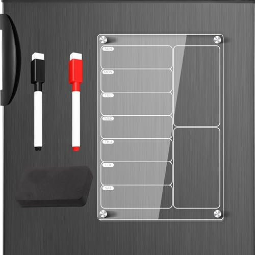 XoeLLe Calendrier Hebdomadaire Frigo, 20 x 30 cm Planning Tableau Effaçable pour Réfrigérateur Réutilisable, Transparent Magnétique Calendrier Frigo avec 2 Marqueurs 1 Gomme pour Bureau Maison