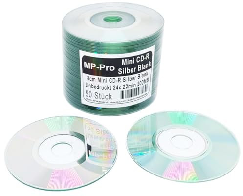 Mini CD Rohlinge 8cm 22min/200MB CD-R Rohlinge Silber Glänzend Unbedruckt (50 Stück ohne Hüllen)