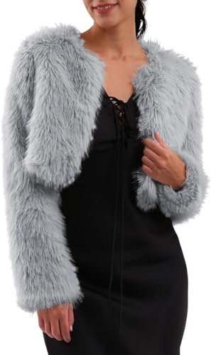 Amazhiyu Womens Faux Fur Coat, Winter Open Front Long Sleeve Warm Jacket Silver Gray L