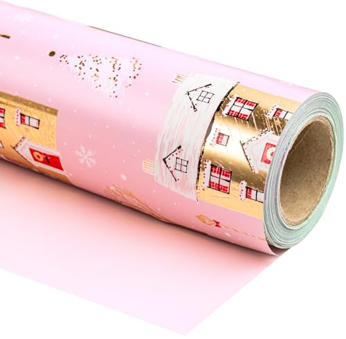 RUSPEPA Papel De Regalo Navideño Reversible - Mini Rollo - 43,2 Cm X 10 M - Diseño De Casa Rosa Y Lunares Con Brillo De Lámina Metálica Para Navidad, Vacaciones, Celebración De Fiestas