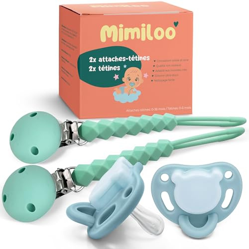 Mimiloo - Kit 2 attaches-tétines et 2 tétines en silicone, forme physiologique pour nouveau-né, clip vêtement, faciles à nettoyer, idéal cadeau bébé fille garçon, puériculture bébé