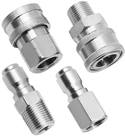 Hoypeyfiy 4Pcs 3/8 1/4 Inch Pressure Washer Coupler Set, NPT 3/8 1/4 Inch Quick Connect Fittings Male and Female Pressure Washer Adapter Kit Internal and External Threads for Pumps Ball Valves