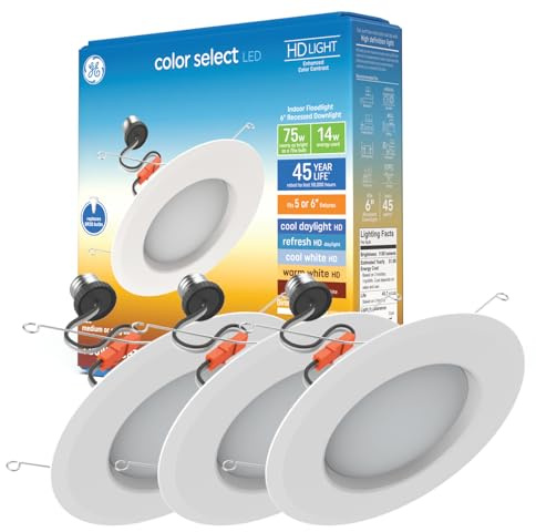GE Color Select LED Recessed Downlight Fixture, RS6 Indoor Floodlight, 6-Inch, Multiple Color Temperatures, 75 Watt Replacement (3 Pack)