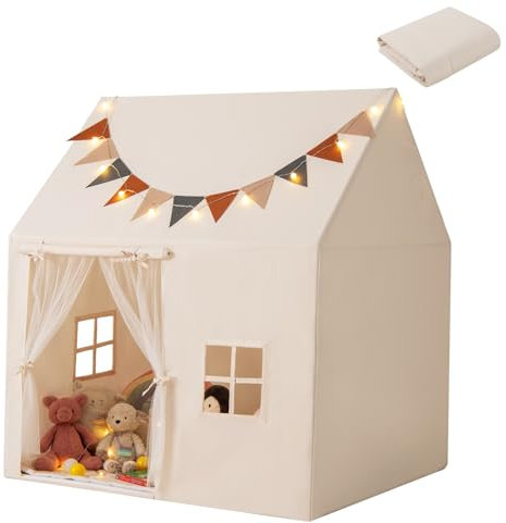 HOMASIS Kinderzelt für Indoor, Spielhaus mit 20 Sternlichtern & Matte & 2 Fenstern & Vorhang & 12 Flaggen, Spielzelt Prinzessin Zelt für Mädchen & Jungen, Tipi Zelt Kinderhaus Kinderzimmer, Beige