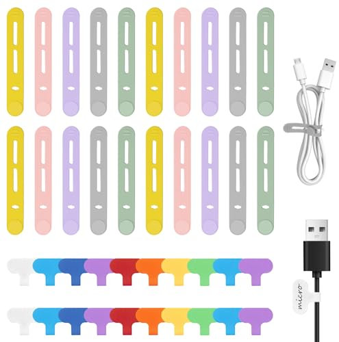 20 Stück Silikon Kabelbinder Wiederverschließbar Kabelbinder mit 20 Kabel Beschriftung, mit Schlossschnalle, für Cable Management (20 farbige Krawatten + 20 farbige Etiketten)