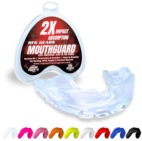 Mouthguard, Adult and Junior Gum Shield Slim Fit with Case for Boxing, Martial Arts, Judo, MMA, Rugby, Karate, Hockey and Other Contact Sports (Clear, Junior (Under 11))