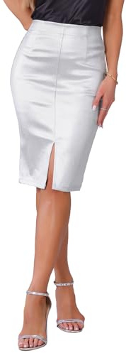 Allegra K Falda midi metálica para fiesta de mujer, cintura alta, brillante, falda de tubo entallada, plata, Small