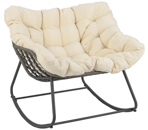 COSTWAY Outdoor Rocking Chair, Oversized Patio Wicker Egg Chair with Thick and Removable Cushion, Rattan Comfy Rocking Lounge Chairs for Living Room, Balcony & Yard (Beige, 100 x 98 x 89 cm)