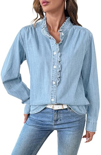 Sidefeel Jean Shirts for Women Denim Lightweight Washed Chambray Coat V Neck Button Long Sleeve Denim Tops Iceland Blue X-Large