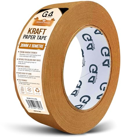 G4GADGET Kraft Paper Packing Tape 38mm x 50m | Brown Paper Parcel Tape | Eco-Friendly Recyclable Packaging Tape | Strong Adhesive Paper Tape for Boxes, Moving & Shipping