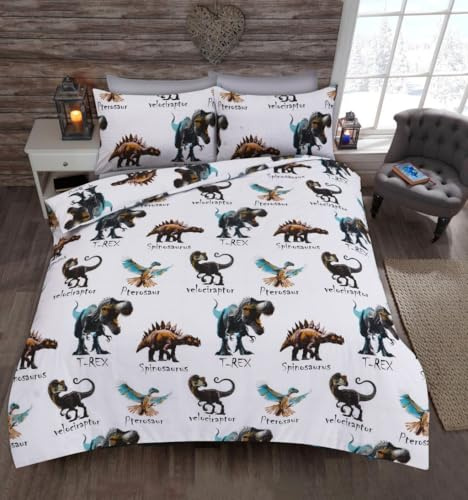 HOMES-LINEN Dinosaur Duvet Cover Set for Kids – Single & Double Bed Sizes – Polycotton Dino Bedding with T-Rex Spinosaurus Velociraptor & Pterosaur – Soft Durable Easy-Care Children’s Bed Set (Single)
