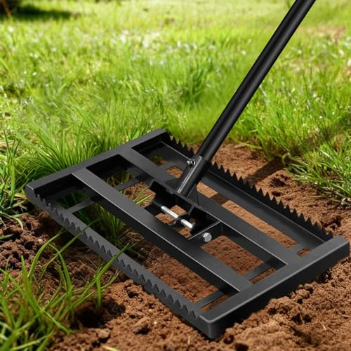ROCKY&CHAO Rasenrakel 43*25 cm mit 210 cm Edelstahl-Stiel–2-in-1 Rasenrechen mit 50 Zähnen &Glattseite, rostfrei & stabil, Rasen Rakel zum Rasen Sanden und Nivellieren von Erde und Boden