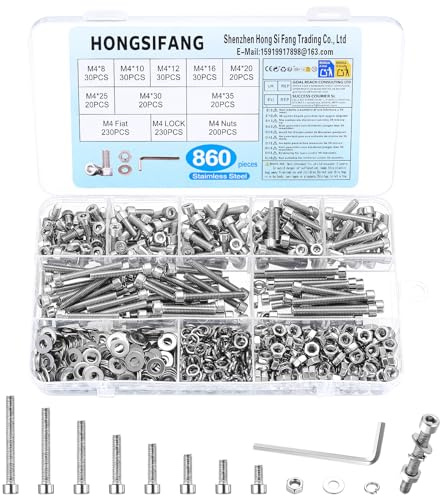 860 PzViti M4, Viti a Testa Cilindrica con Esagono Incassato, Set di Bulloni e Dadi, Viti a Testa Esagonale in Acciaio Inox, Assortimento di Bulloni a Cilindri con Rondelle