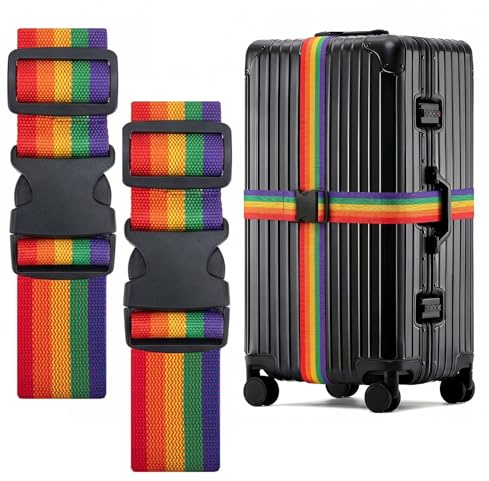 WISYOK Luggage Straps Extended, 2 Pack, 130-250cm Adjustable, Rainbow | Case Strap for Suitcase, Luggage Belt with Quick Release Buckle, Suitcase Identifier for Travel, Flight, Vacation, Trip