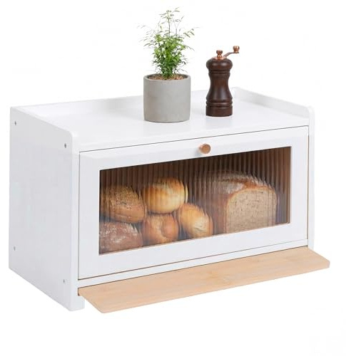 Relaxdays brödlåda, bambu, skärbräda, hylla, ventilationshål, fönster, vit | HxBxD: 26 x 40 x 25 cm