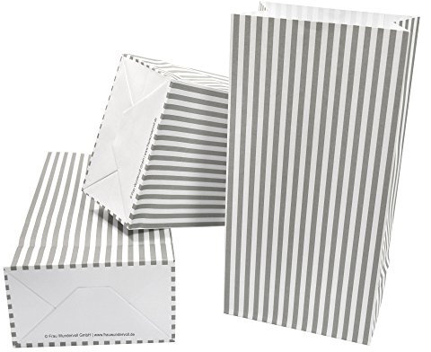 Frau WunderVoll® 60 PAPIERTÜTEN MIT Boden GRAU, Streifen 12x7x24cm / Blockbodenbeutel, Tüte, Papierbeutel, Papiertüte, Geschenktüte, Geschenkbeutel, Gastgeschenk, Hochzeit, Mitgebseltüte, Falttasche