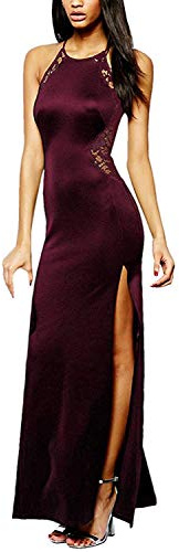 Angelwing Femmes Robe Élégant Dentelle Longue Mince sans Manches Bodycon Hors épaule sans Dossier Hem Slit Slim Fit Robes Maxi de Soirée Cocktail Vin Rouge Medium