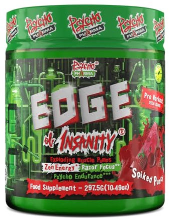 #1 Strongest PWO Psycho Pharma Edge of Insanity - Most Intense Pre Workout Powder for, Focus, Power & Energy. Premium researched Formula and Ingredients - 297.5g (Spike Punch)