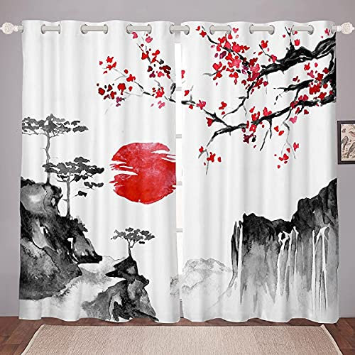 Loussiesd Japanische Ukiyoe Fenstervorhang 137x117cm Kirschblüten Rote Sonne Blickdichte Vorhänge für Kinder Jungen Mädchen Tinte JapaniSchön Stil Vorhänge Exotischer Stil Dekor