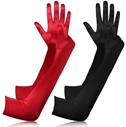2 Paia Guanti da Sera Elastici a Gomito in Spandex Guanti Lunghi Neri Rossi