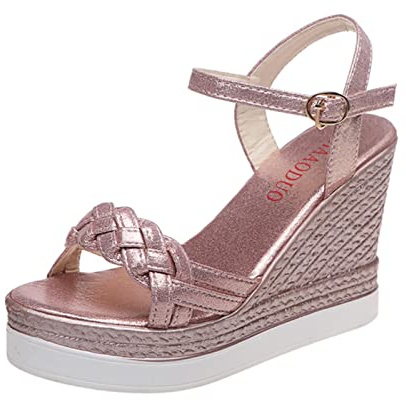 Ecoodisk Sandalias de cuña para mujer, zapatos de plataforma de verano, sandalias de mujer, hebilla de tacón para mujer, tejido de dedo del pie, informal, rosa, 37