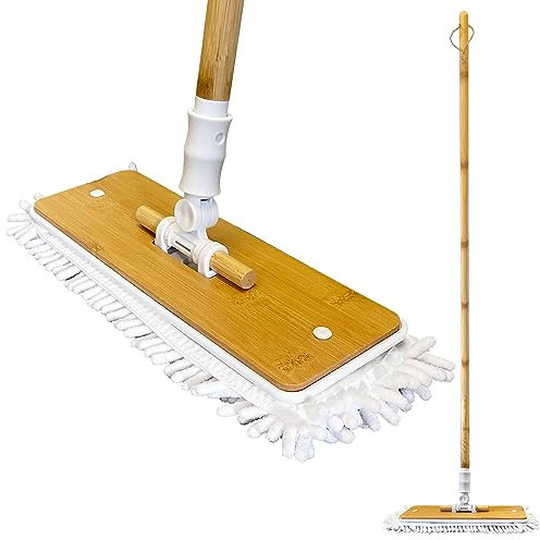 Bamboo Floor Mop Microfibre Cleaning Flat Mop Floor Cleaner - Machine Washable Head Hard Flooring, Wood, Laminate, Tile, etc.