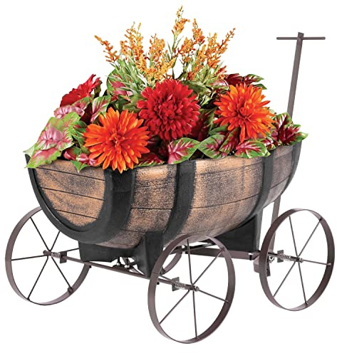 PROREGAL Pflanzenwagen in Whiskyfass-Optik | Ideal geeignet als Gartendekoration | Maße Pflanzfläche 41x29x19cm | Für den Innen- und Außenbereich | Blumentopf, Blumenkübel, Fasswagen, Gartendeko