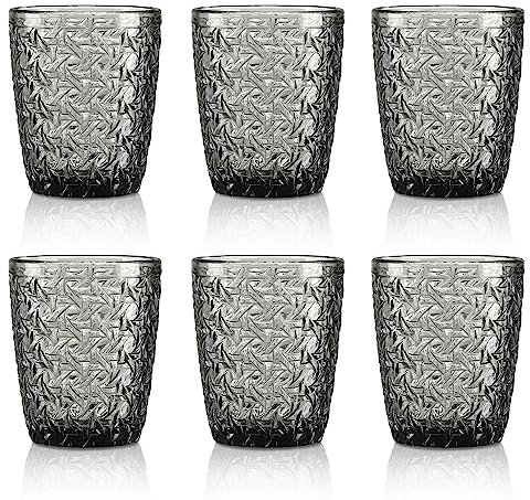 Joeyan 300 mlGrau Wassergläser mit Geprägtem Design,Moderne Trinkgläser Saftgläser Tumbler,Spülmaschinenfest Gläser Set 6 teilig