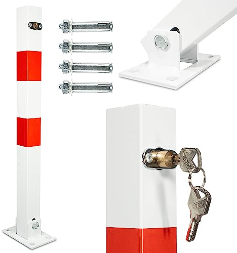 Parkpfosten Absperrpfosten klappbar 65cm Hoch Parkplatzsperre je Poller 3 Schlüssel 4 Schwerlastdübel Pfosten Weiß signal Rot ParkWatch Absperrung Pollen (8)