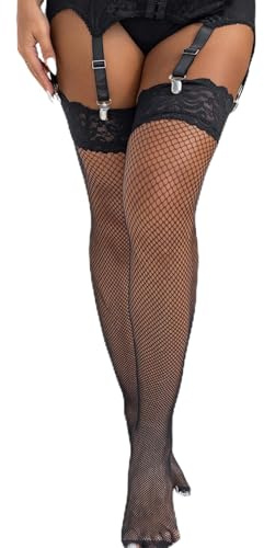 ohmydear Fishnet Stockings Plus Size XS-5XL Lace Top Hold Up Thigh Highs