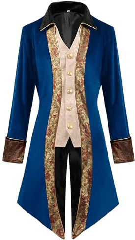 AGYMNX Abbigliamento gotico Uomo Steampunk Frack Cappotto Vintage Vittoriano Gotico Frack Medievale Rinascimento Giacca Cosplay Halloween Costume Cortile Ricamo Cappotto, Blu, S
