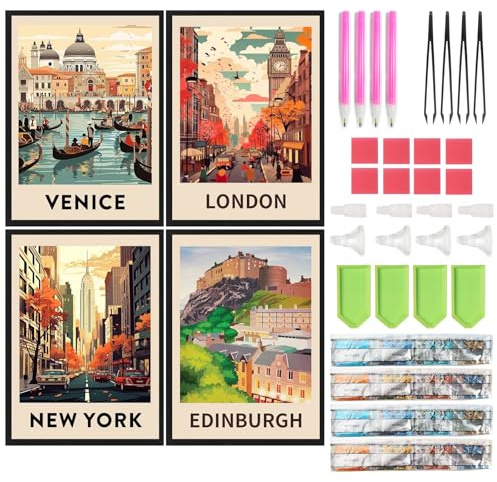 SHEGZHUC Confezione da 4 poster per pittura con strass, 30 x 40 cm, paesaggio da viaggio, arte ricamo a punto croce, regalo decorazione da parete