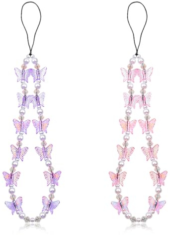 Lotsdonxia 2-Pack Phone Charm Lanyards – Pearl Wrist Straps with Crystal Butterfly Pendant, Anti-Lost Mobile Phone Chains for Women and Girls (Pink & Purple)