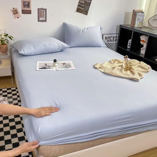 Spannbettlaken 120x200cm, Cremeblau Spannbetttuch Volltonfarben Gewaschene Baumwolle Spannbettlaken