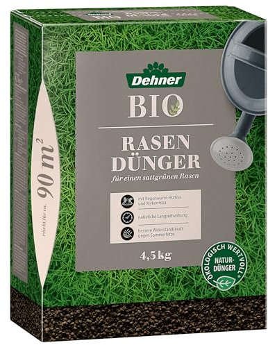 Dehner Bio Rasendünger, hochwertiger Dünger für einen sattgrünen Rasen, organischer NPK-Dünger, mit Regenwurm-Humus / Mykorrhiz, natürliche Langzeitwirkung, 4.5 kg, für ca. 90 m²