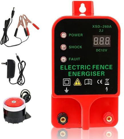 10KM Electric Fence Charger, 2J Waterproof Electric Fence Energizer with LED Display for Livestock Cattle Horse Protection, Alarm Function,AC/Battery Powered