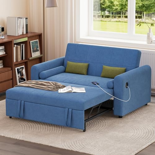 Sofa Bed Double, 3-in-1 Convertible Pull Out 2 Seater Sofa Bed, Blue | Modern Sofa Bed Couch with 3 Position Adjustable Backrest, Side Pockets, Charge Port for Living Room, Guest Room, Office